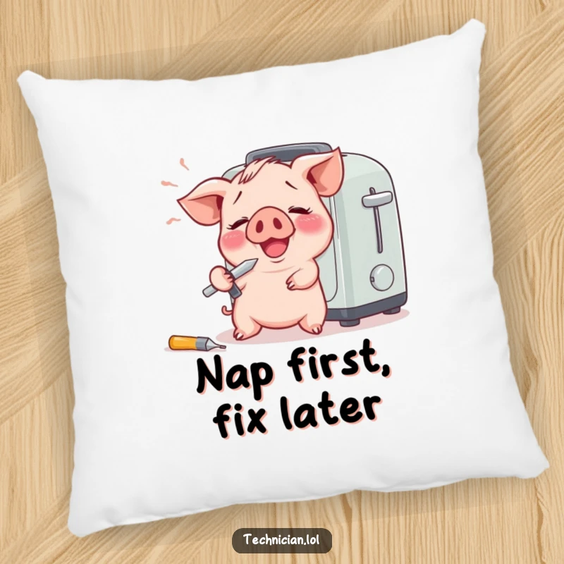 Funny pillow depicting a giggling piglet with a screwdriver attempting toaster repair, perfect for humorous comfort.