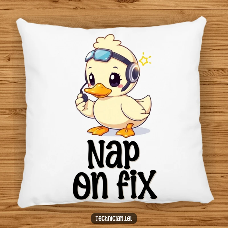 Funny brave duck wearing a headset, fixing a blinking light, designed on a plush pillow.