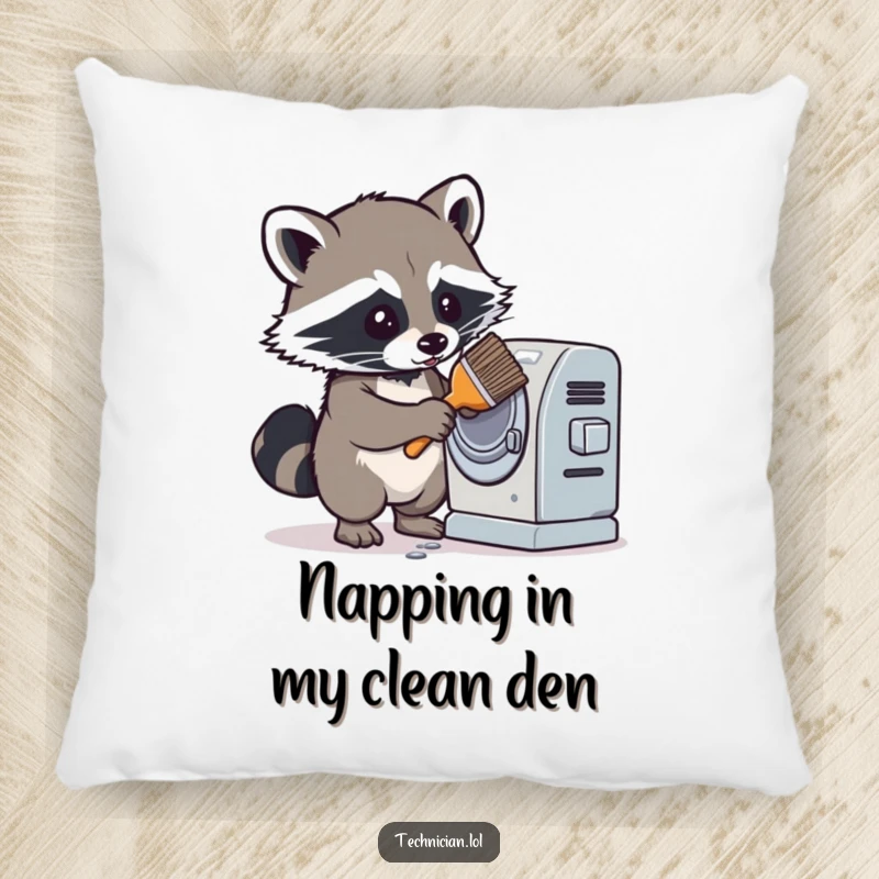 Funny pillow featuring a determined raccoon cleaning a dusty machine with a brush, offering comfort and a humorous, tidy visual.