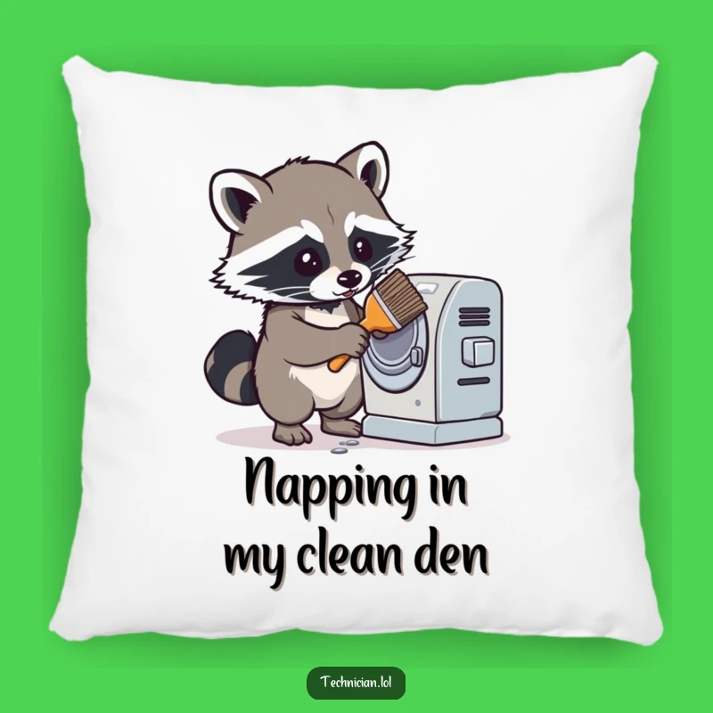 Funny Raccoon Pillow: Cozy Cleaner's Comfort, Perfect Humorous Gift for Relaxation