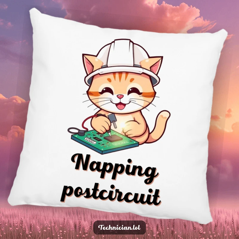 Funny pillow with a soft, cat electrician soldering a circuit board, a cute cartoon for tech comfort.