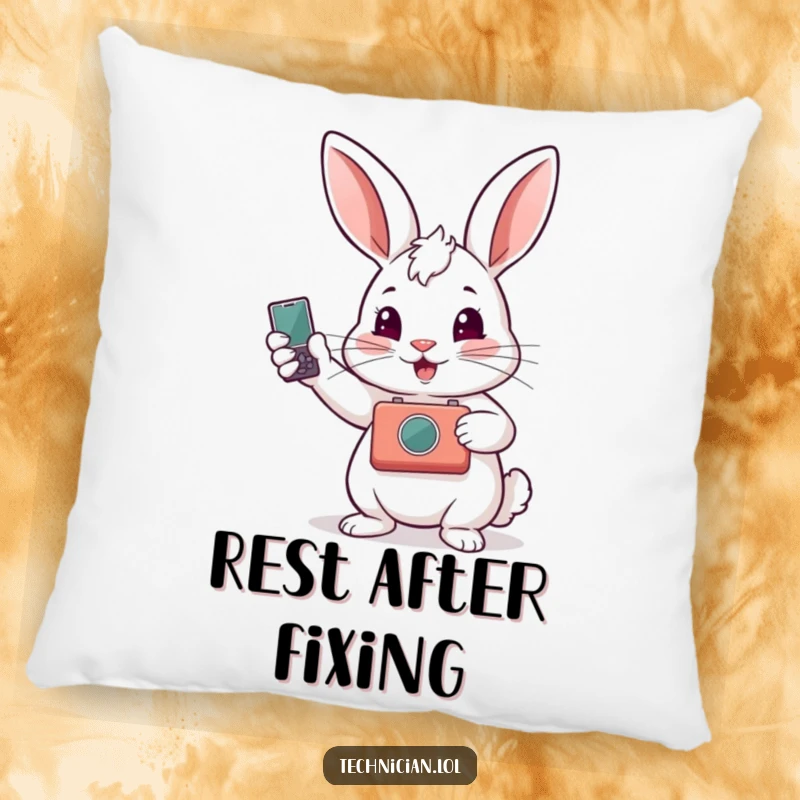 Funny pillow featuring a triumphant rabbit showing off a repaired gadget, offering comfort and a humorous reminder of fixing skills.