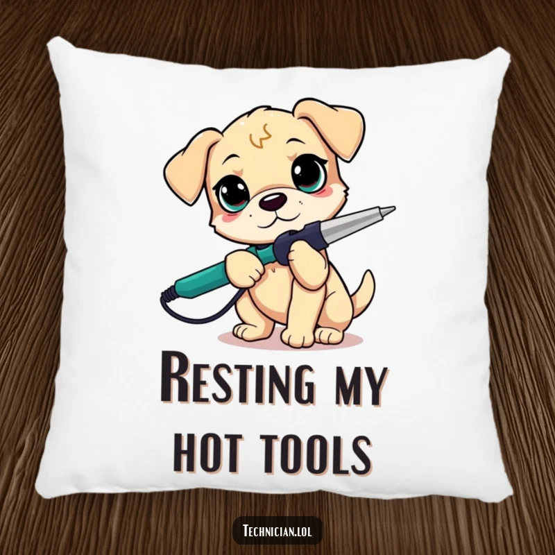 Funny puppy with a soldering iron on a soft pillow, determined DIY design, perfect funny gift.