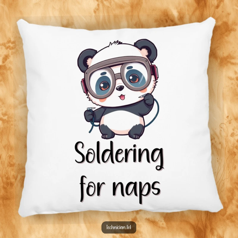 Funny pillow, panda in goggles soldering wires, focused creation, cozy maker gift.