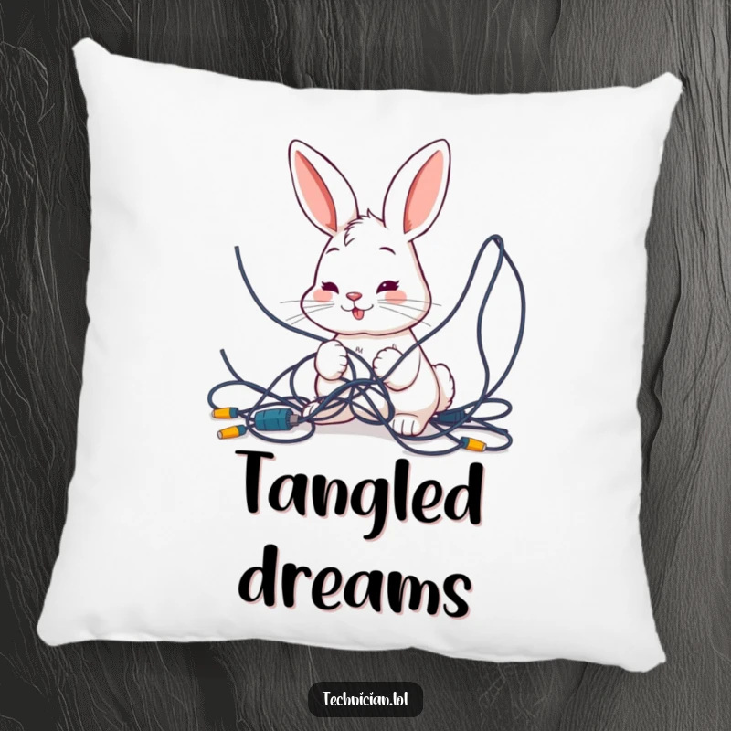 Funny decorative pillow featuring a smiling bunny intently examining a tangled mess of wires, bringing humorous tech-related comfort to any room.