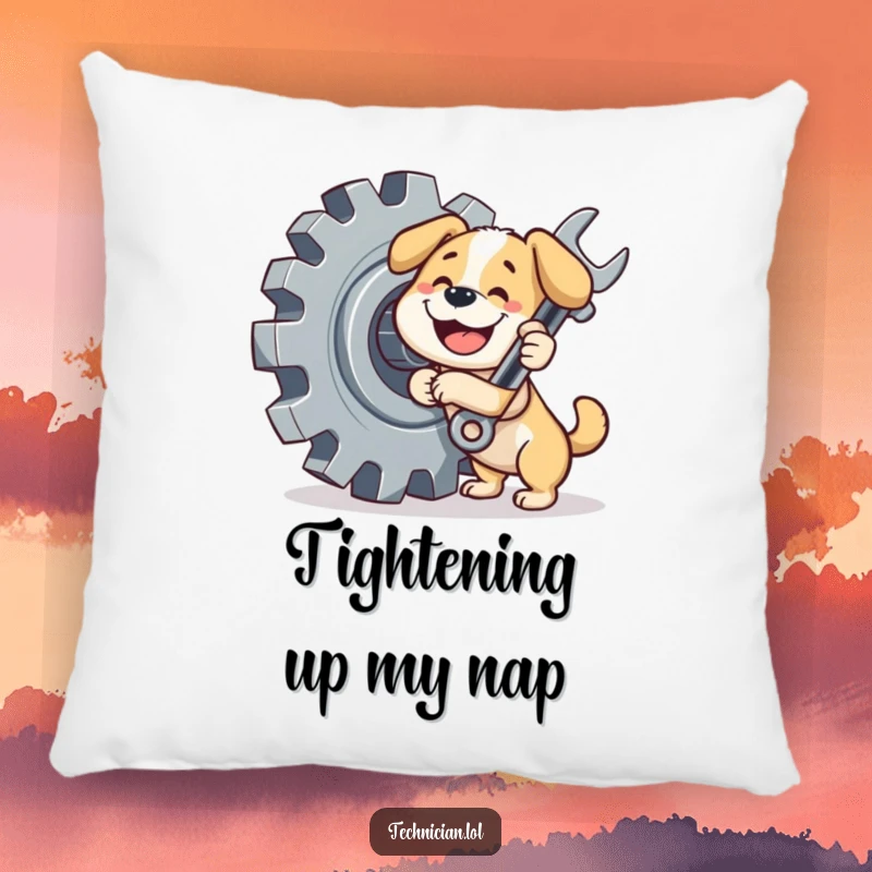 Funny dog pillow, a cute dog with a wrench working on a giant gear, adding charm and humor to any seating.