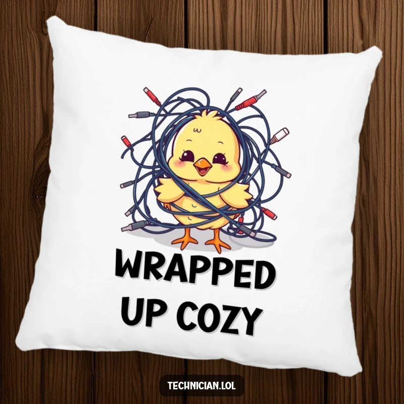Funny Pillows: A playful chick comically tangled in cables offers cozy comfort and humorous tech vibes as a charming accent pillow.