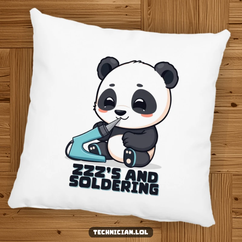 Funny pillow with an enthusiastic panda using a soldering iron with great focus, bringing cozy humor and dedication to any space.