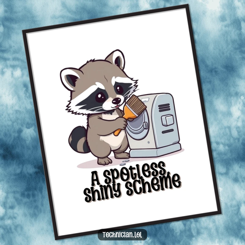 Funny digital art print of a determined raccoon cleaning a dusty machine with a brush, capturing a moment of focused and humorous effort.