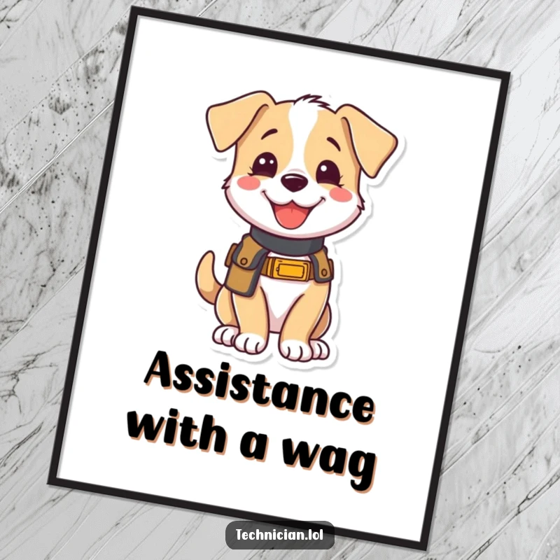 Funny digital art print of a joyful puppy wearing a tool belt, looking eager to help, capturing a moment of pure canine enthusiasm.