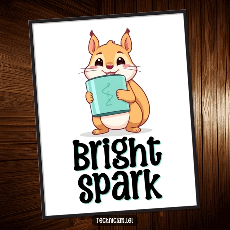 Funny happy squirrel holding a large capacitor with a proud smile, as a downloadable digital art print.