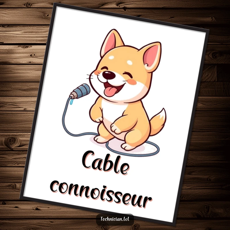 Funny dog digital art print: a joyful, bouncing dog plugging a power cord into a wall socket, conveying energy and happiness.