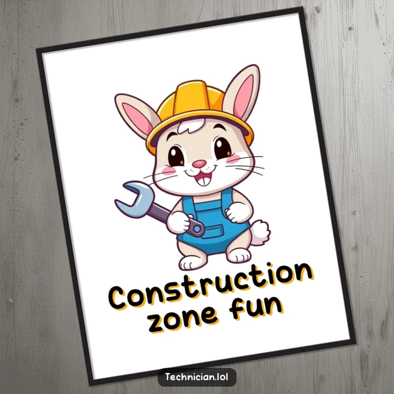 Funny happy bunny with hard hat and wrench, digital art print, instant download, perfect funny gift.