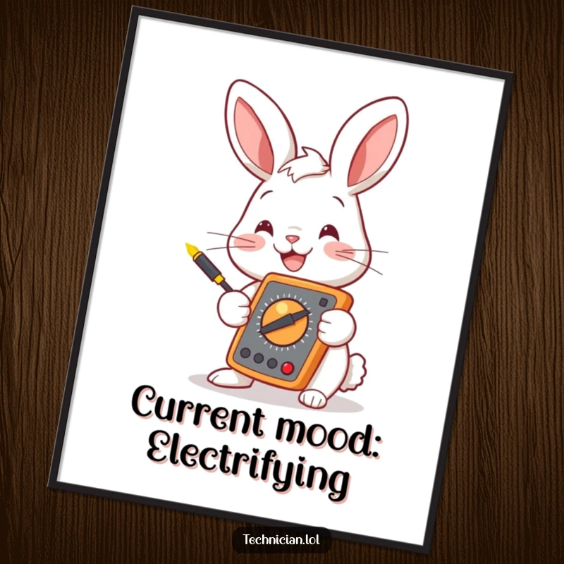 Funny bunny holding a multimeter, vibrant digital art, electrical engineering theme, humorous and stylish wall decor, a funny gift.