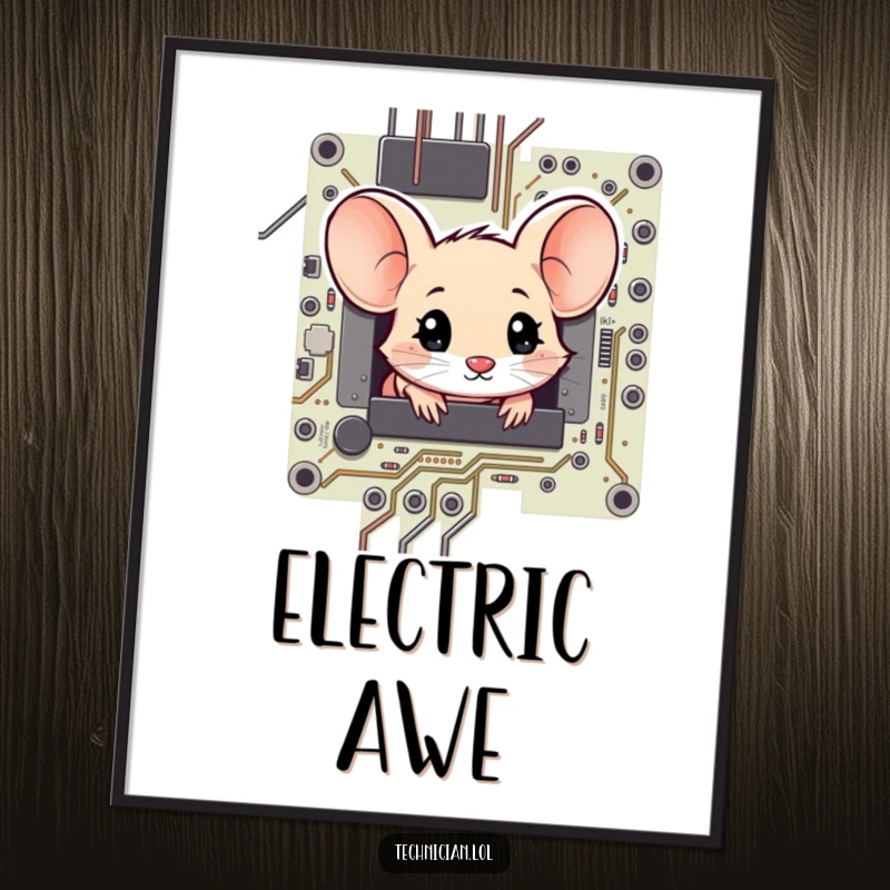 Funny shy mouse peeking from a circuit board with an amazed expression, as a downloadable digital art print.