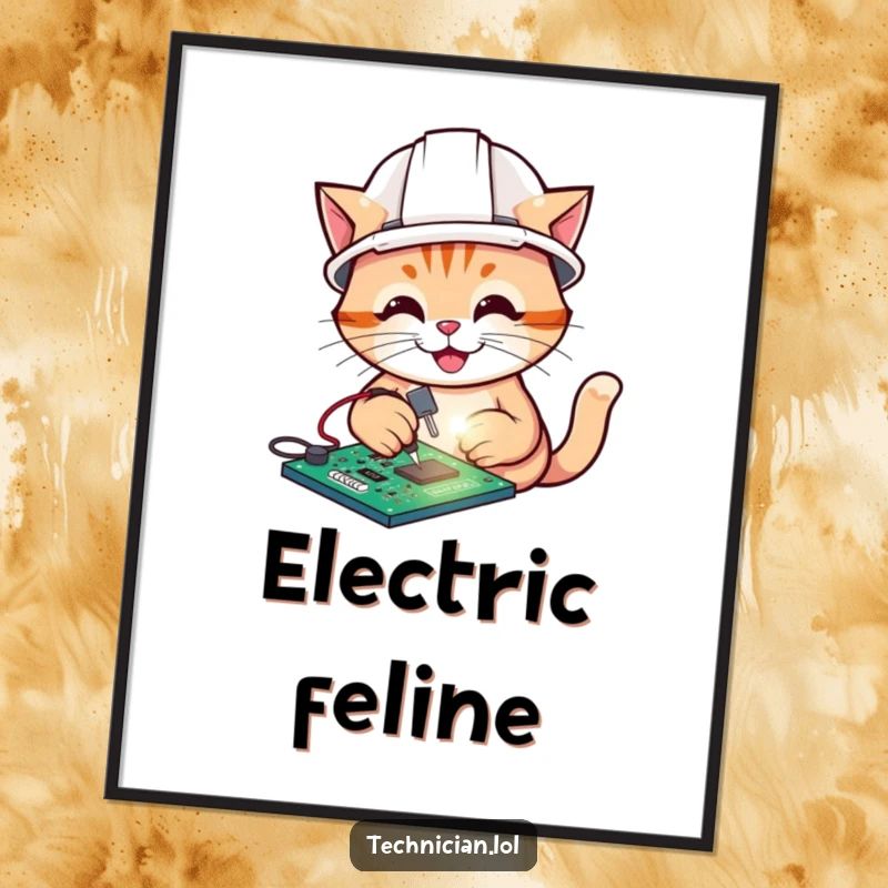 Funny digital art print of a cat soldering a circuit board, a clever cartoon to energize any space.