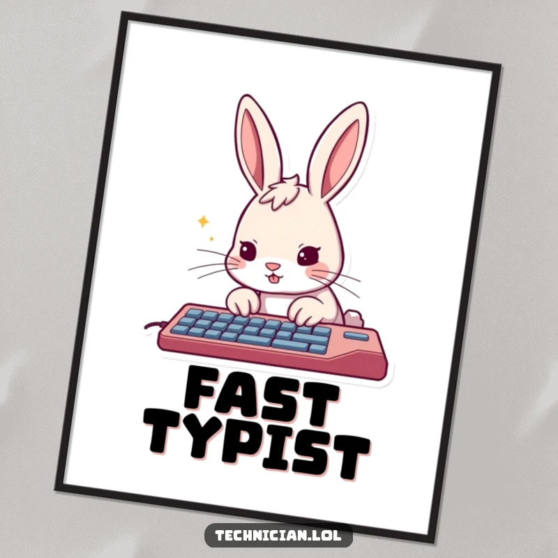 Funny rabbit digital art print, furiously typing on a keyboard, embodying rapid creativity and determination.