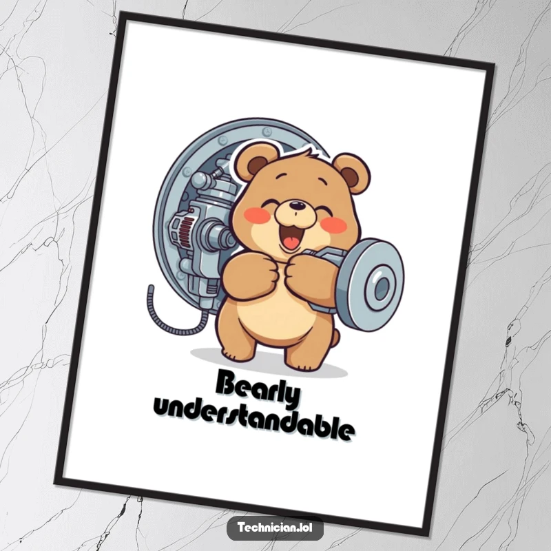 Funny digital art print of a happy bear tightening a screw on a complex machine, ready for instant download.