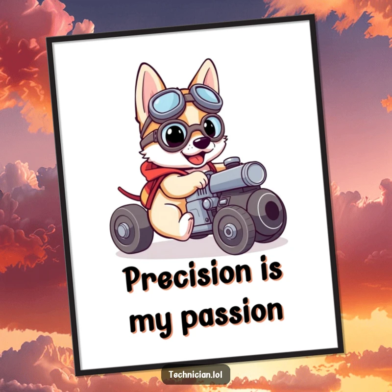 Funny digital art of a brave dog wearing goggles, intensely working on a small engine, ready for instant download.