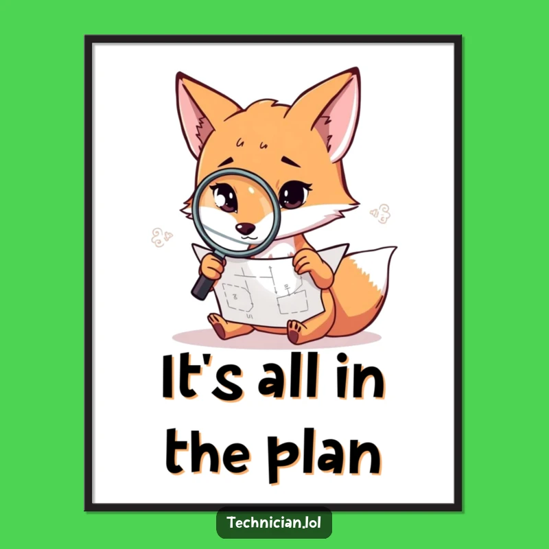 Funny Fox Digital Art: Detective fox examining plans, download for a funny gift.