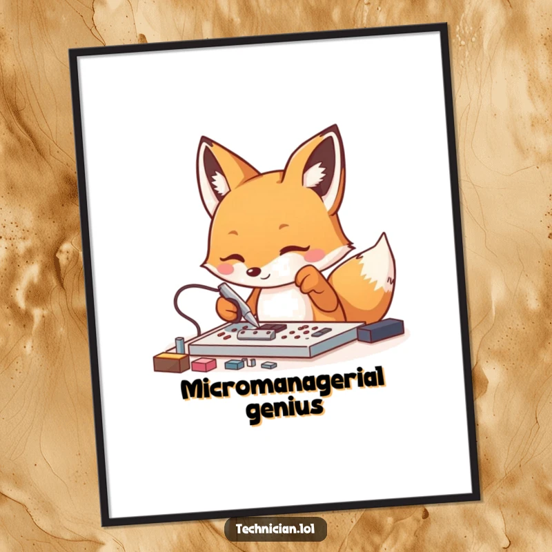 Funny Fox Tech Digital Art Print: An energetic fox meticulously works with tweezers and tiny components, conveying focus and humor.