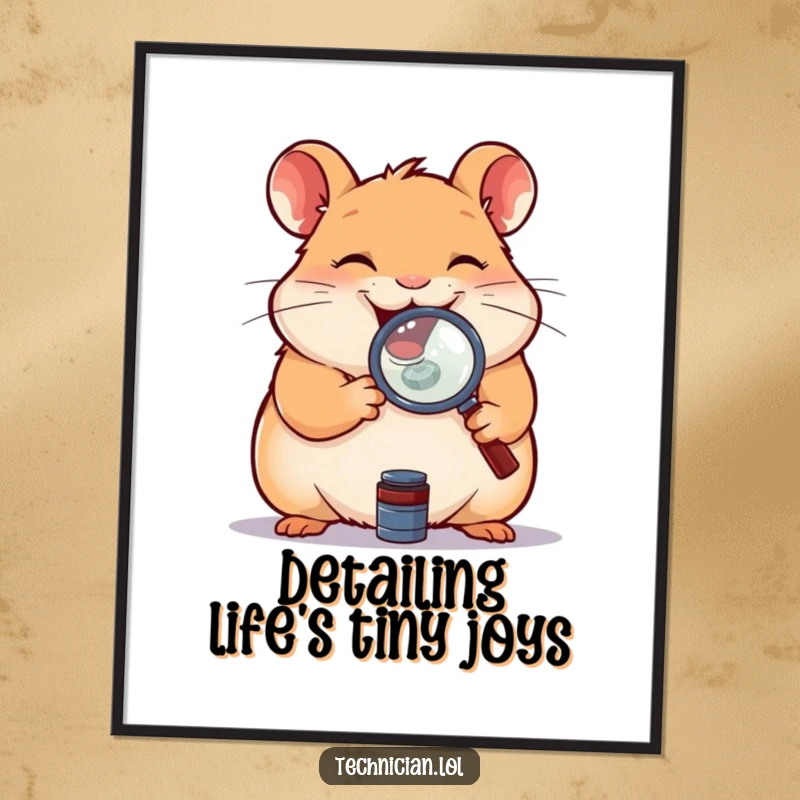 Funny digital art print of a giggling hamster holding a magnifying glass over a small component, ready for instant download and display.