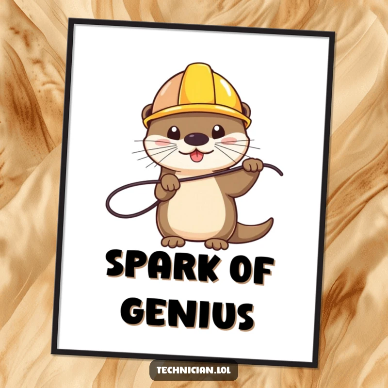 Funny digital art print of a playful otter wearing a hard hat and holding a wire, providing instant humor and a great funny gift.