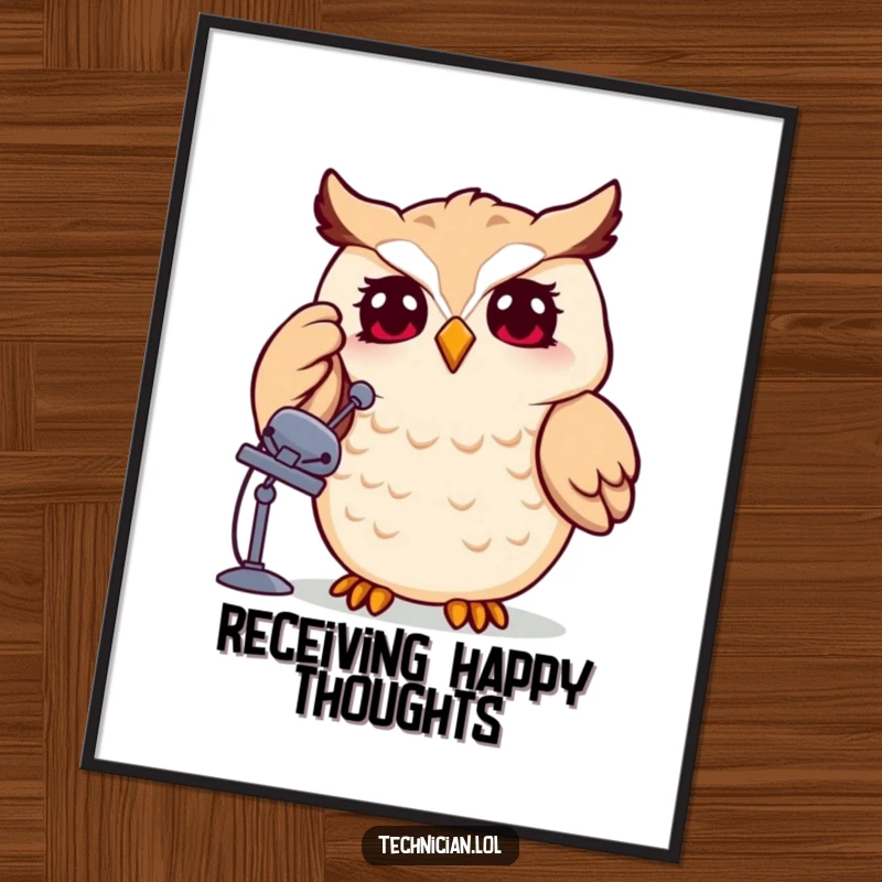 Funny owl adjusting a satellite dish, whimsical digital art, tech theme, humorous and stylish wall decor, a funny gift.