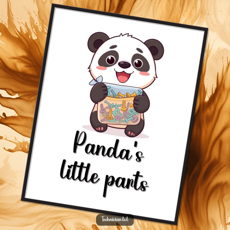 Funny digital art of a silly panda proudly holding a bag of assorted screws, ready for instant download.