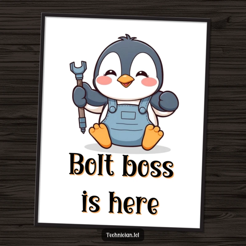 High-resolution digital art print of a funny penguin in overalls tightening a bolt, ready for instant download.