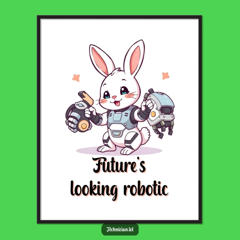 Funny Bunny Digital Art: Robot arm creation, download for a funny gift.