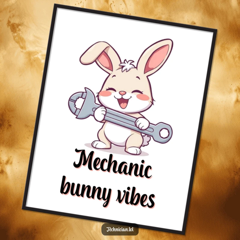 Funny bunny mechanic digital art print, a happy bunny with a wrench illustration, instant download for humorous wall decor.