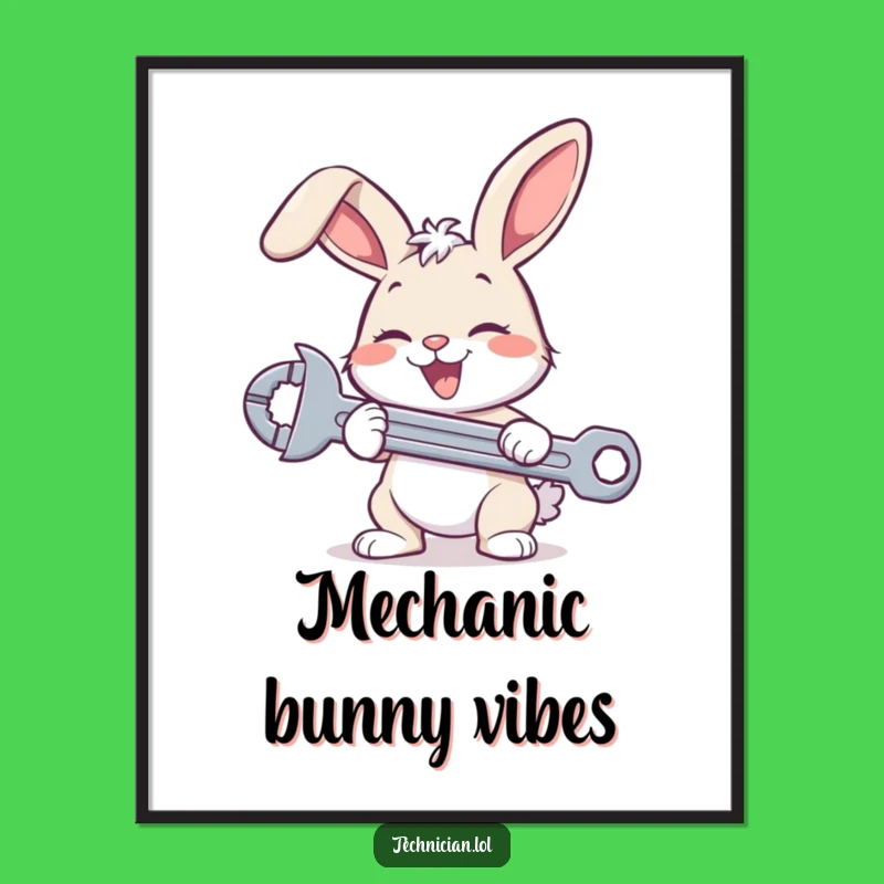 Funny Bunny Mechanic Digital Art Print: Happy Hare Wrench Decor, Instant Funny Gift Download