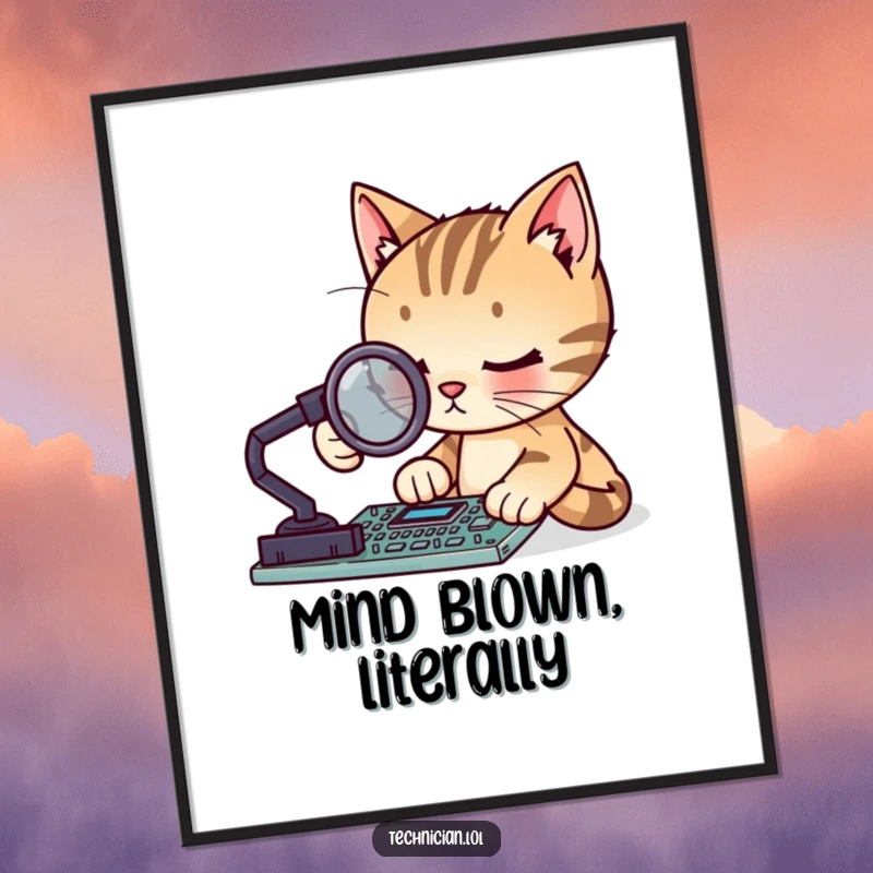 Funny focused cat with a magnifying glass examining a circuit board, digital art print, instant download, perfect funny gift.