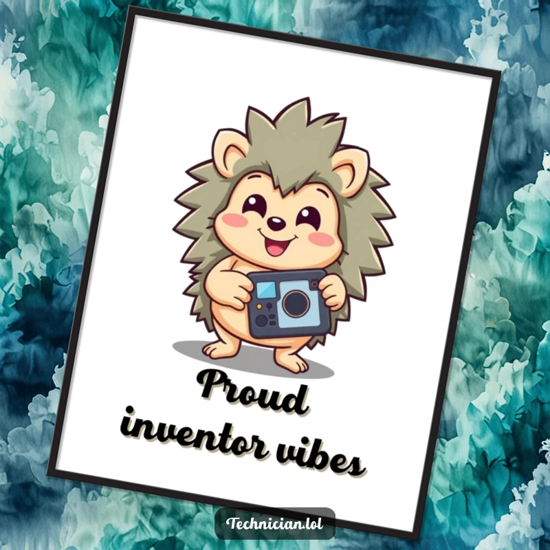 Funny digital art print of a happy hedgehog holding a repaired gadget high, beaming with a triumphant smile, perfect for humorous decor.
