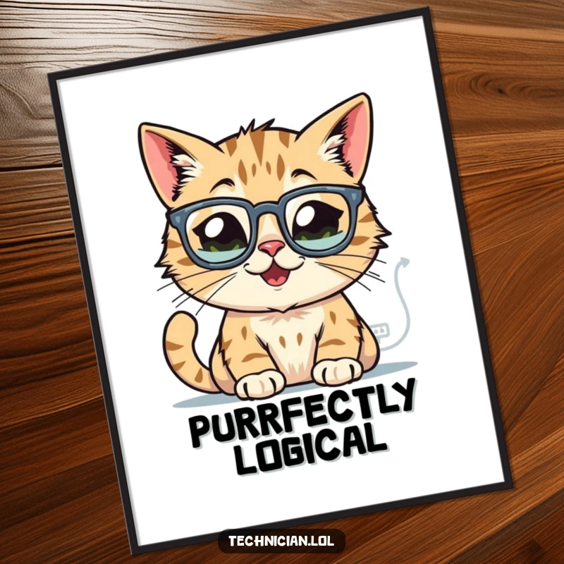 Funny cat digital art print, wearing glasses, focused on glowing computer schematics, representing brilliant coding skills.