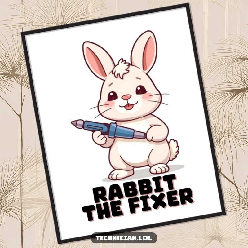Funny Rabbit Digital Art Print of a content rabbit looking satisfied while holding a screwdriver, designed to bring DIY spirit to your walls.