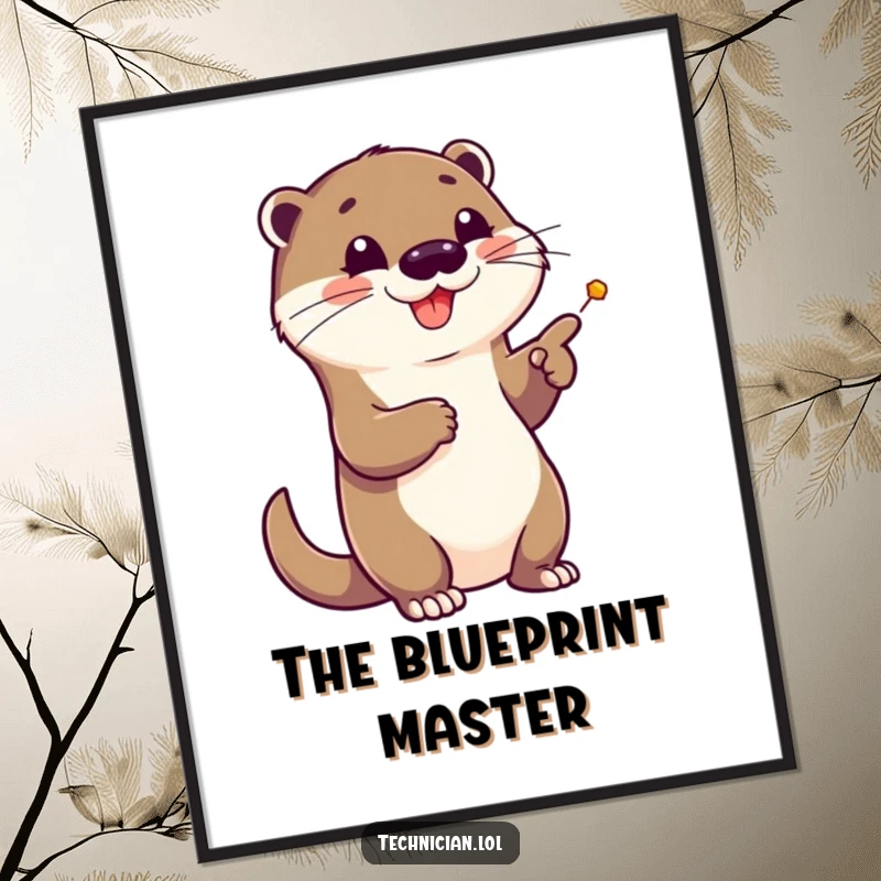 Funny digital art print of a cheerful otter enthusiastically pointing at a complex schematic, radiating intelligence and playful excitement.