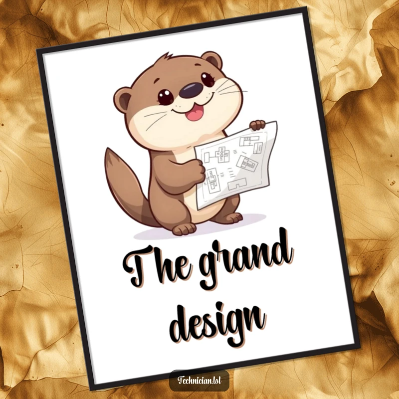 Funny Otter Digital Art Print of a giggling otter pointing curiously at a blueprint, designed to bring playful creativity to your walls.
