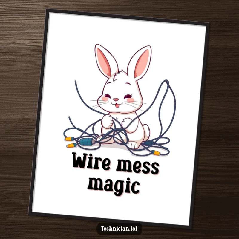 Funny digital art print of a smiling bunny intently examining a tangled mess of wires, capturing the humorous side of electronic connectivity.