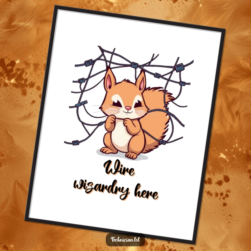 Funny digital art print, curious squirrel examining complex network of wires, tech wall art, nature humor.