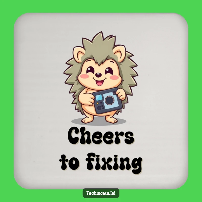 Funny Hedgehog Coaster Set: Cheerful Hedgehog with Repaired Gadget, Unique Funny Gift