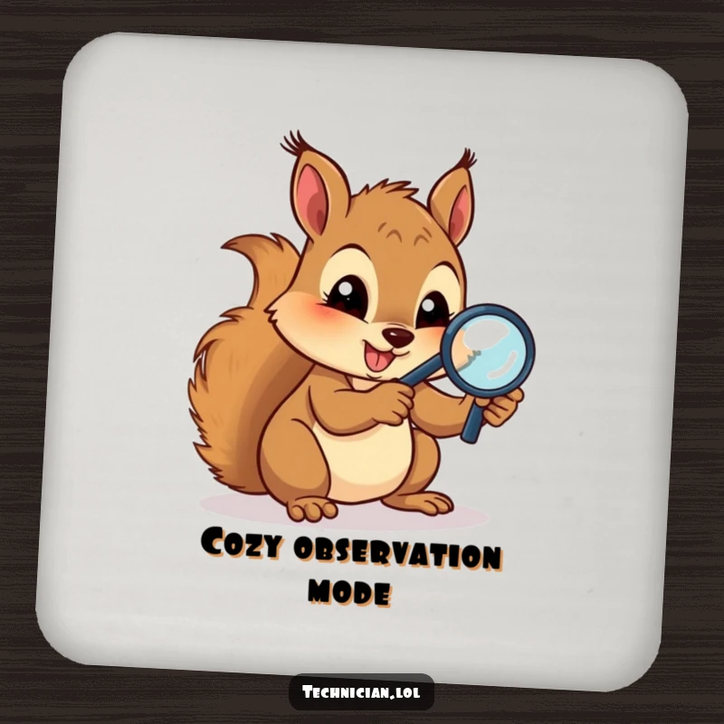 Funny Coasters: A gleeful squirrel with a magnifying glass intently examines circuits, adding a fun, tech-themed flair to protect your surfaces.
