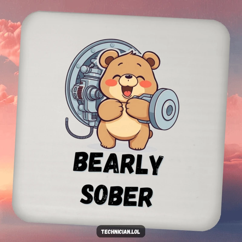 Funny drink coaster with a happy bear tightening a screw on a complex machine, protecting surfaces with humor.
