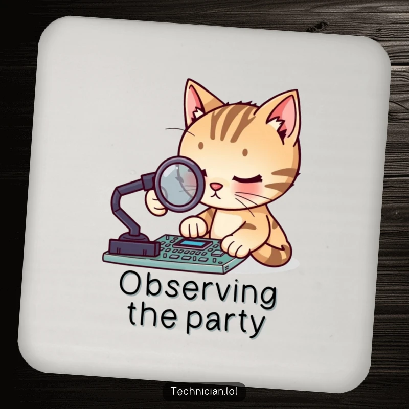 Funny focused cat with a magnifying glass examining a circuit board, on a drink coaster, perfect funny gift.