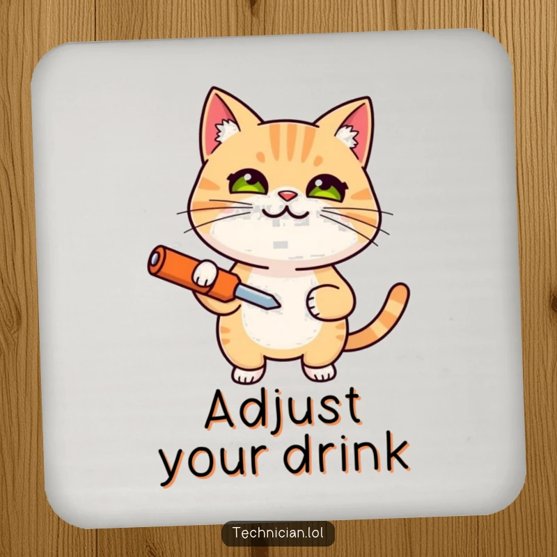Funny coaster with a smiling, determined cat holding a screwdriver, adding humor to tables, a great funny gift.