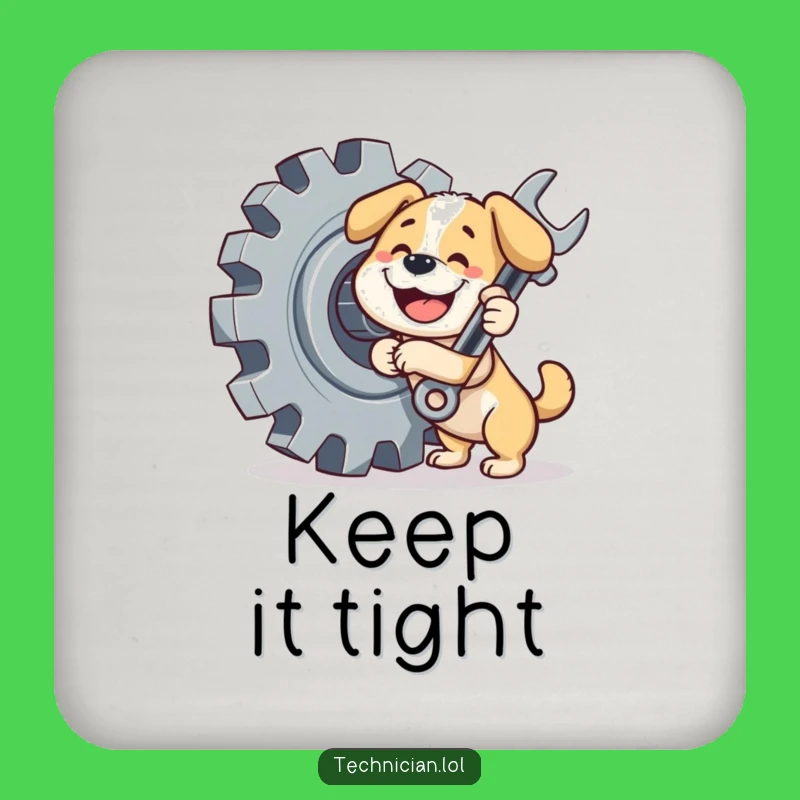Funny Dog Coaster: Mechanic pup protecting surfaces, a small but funny gift.