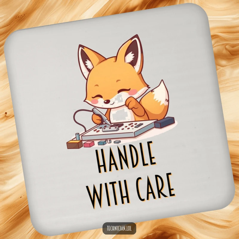 Funny Fox Tech Coaster: An energetic fox uses tweezers on tiny components, offering protection and a hint of technical humor.