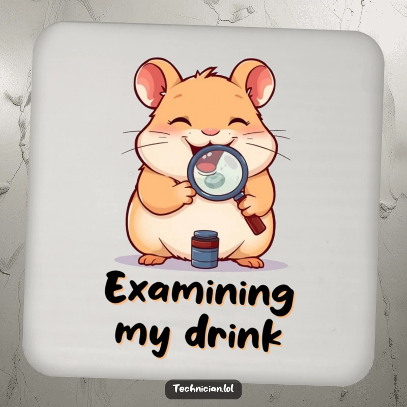 Funny drink coasters depicting a giggling hamster examining a small component with a magnifying glass, protecting surfaces with humor.