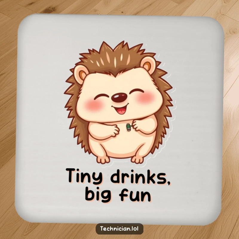 Funny drink coaster showcasing a giggling hedgehog carefully inserting a tiny component, adding a humorous and protective touch to any surface.